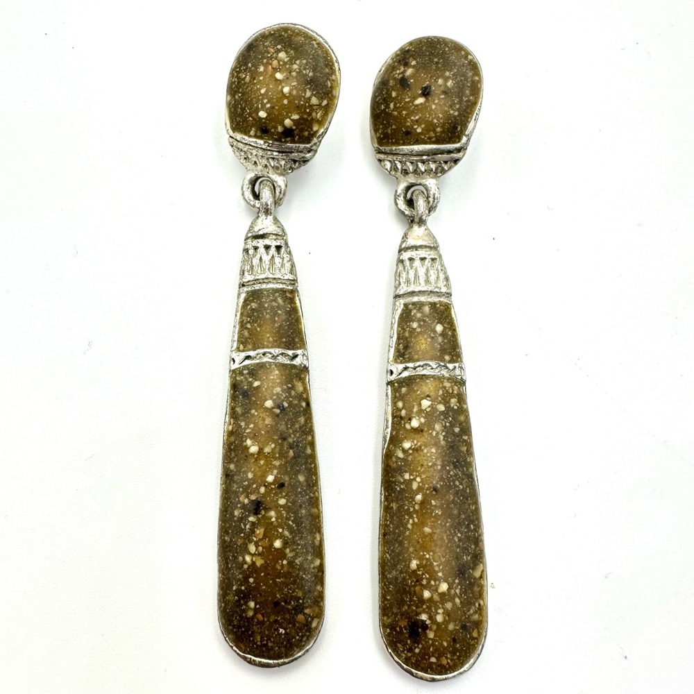 Edgar Berebi Brutalist Artisan Speckled Stone & Silvertone Long Drop Earrings